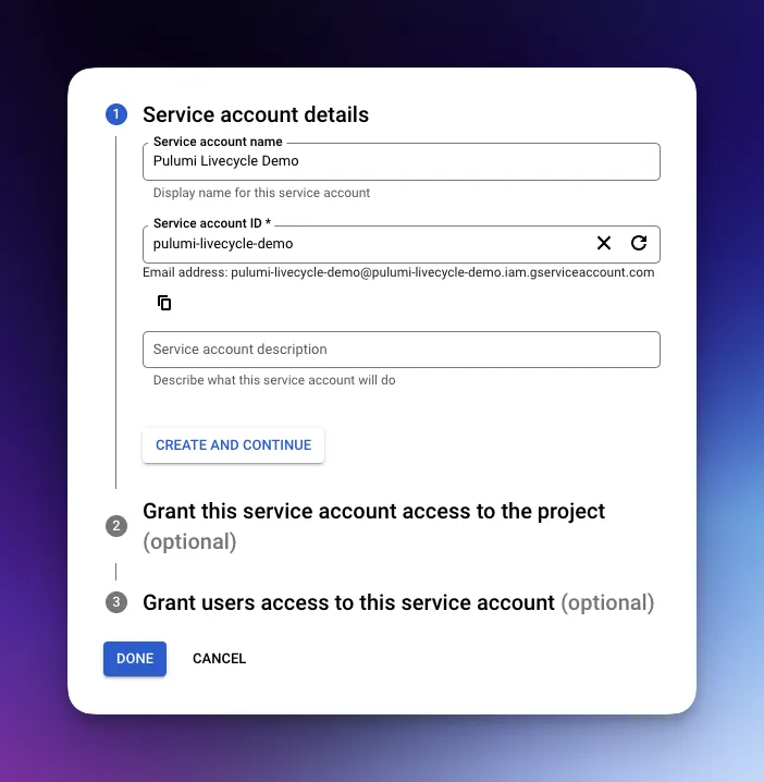 Google Cloud Service Account creation