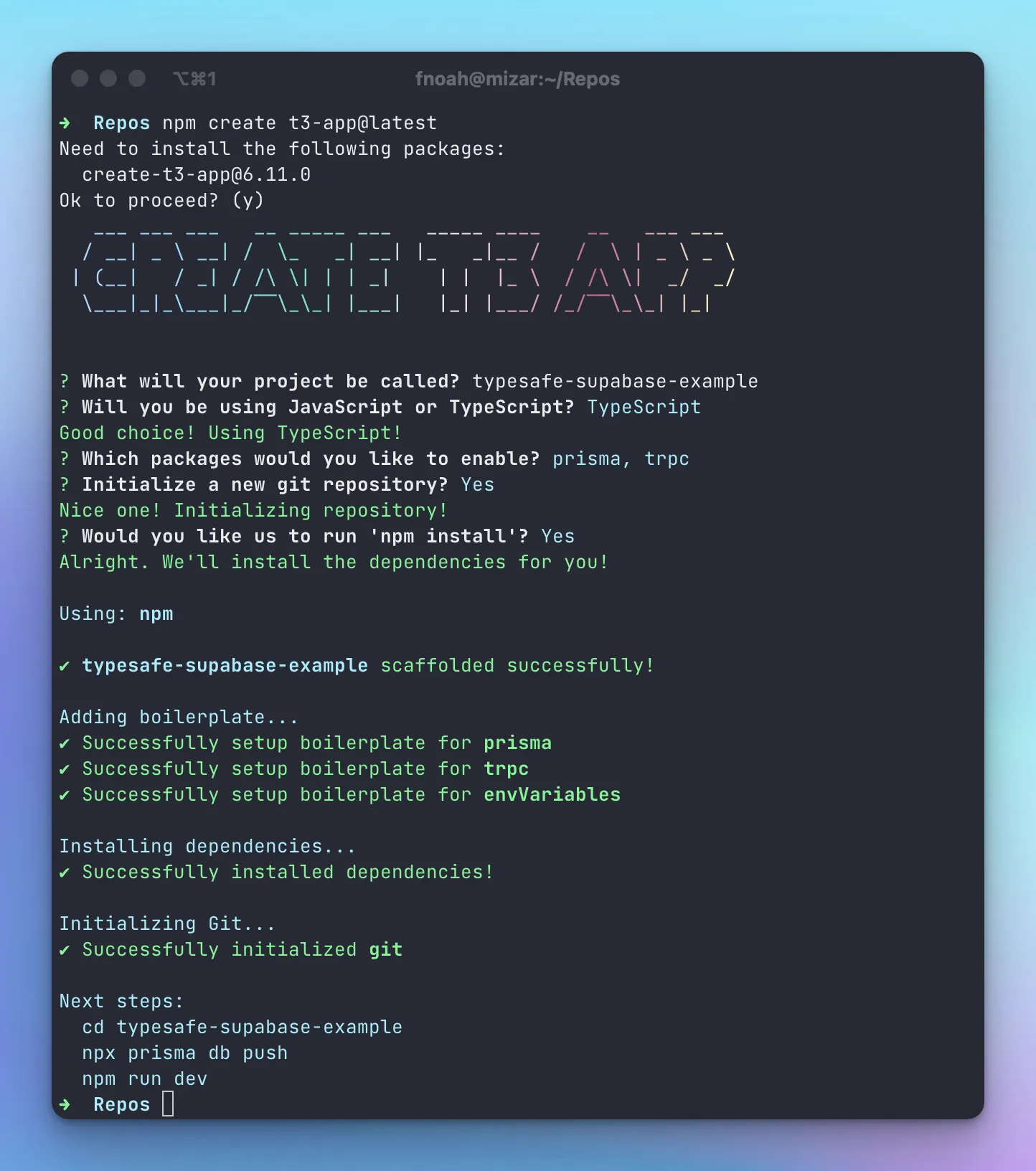 Screenshot of my terminal showing the options descibed above I chose for the create-t3-app configuration.